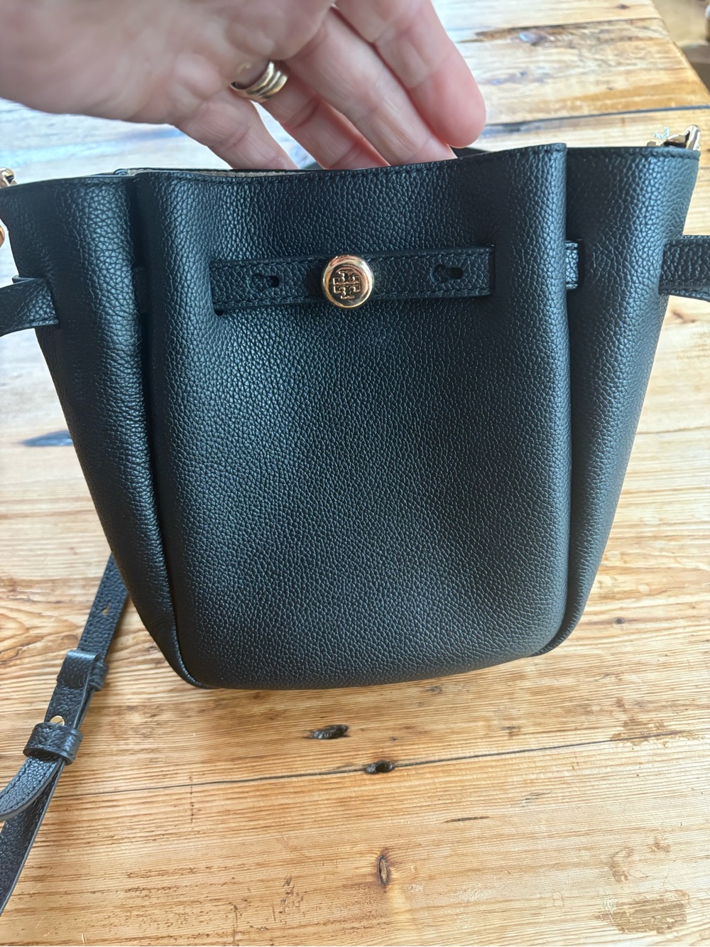Tory Burch Black Pebbled Leather Mini Bucket Crossbody with Gold Logo